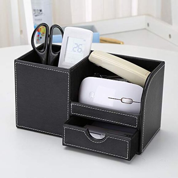 PU Leather Desk Organizer with Drawer, Pen Holder, Phone Storage - Picture 6 of 7